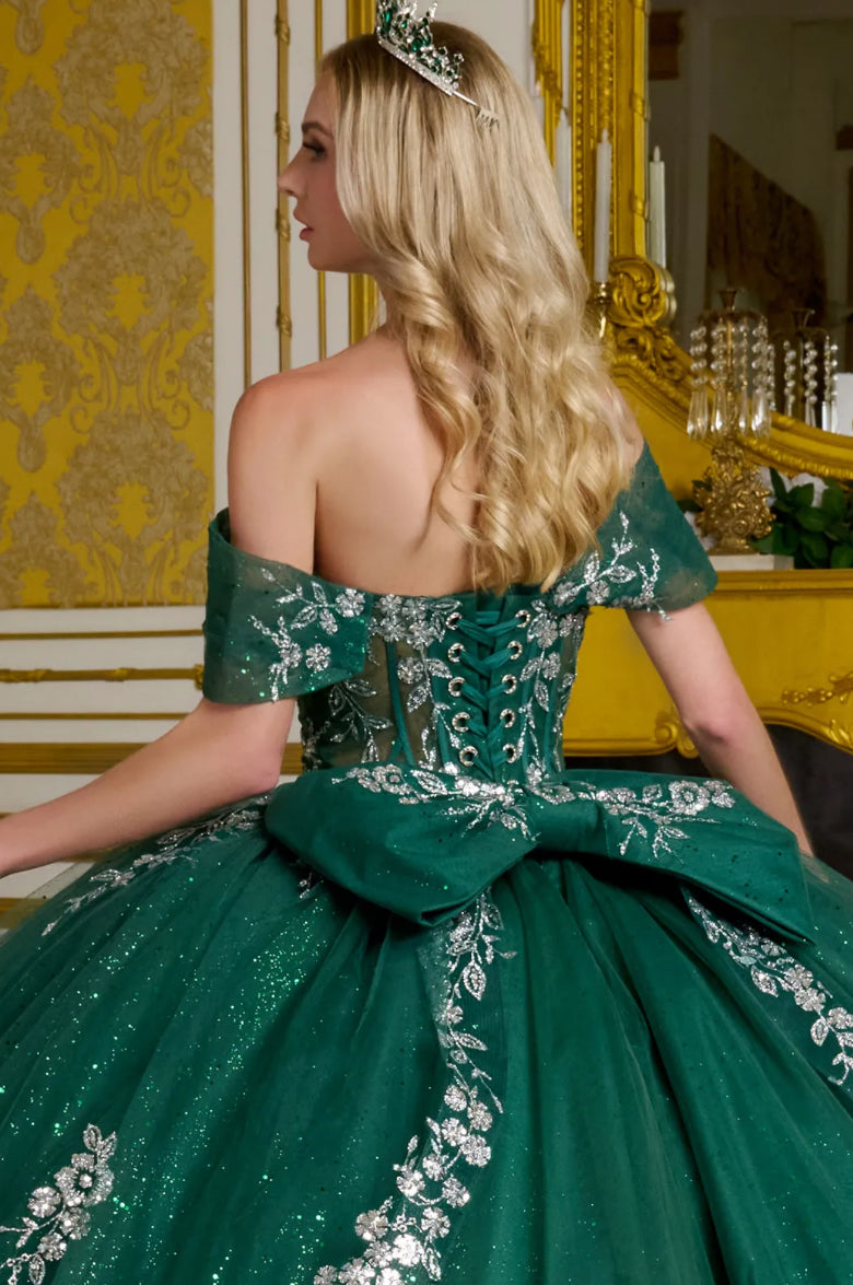 This ball gown features detachable off-the-shoulder straps adorned with jewels. GL3636 BY ELIZABETH K