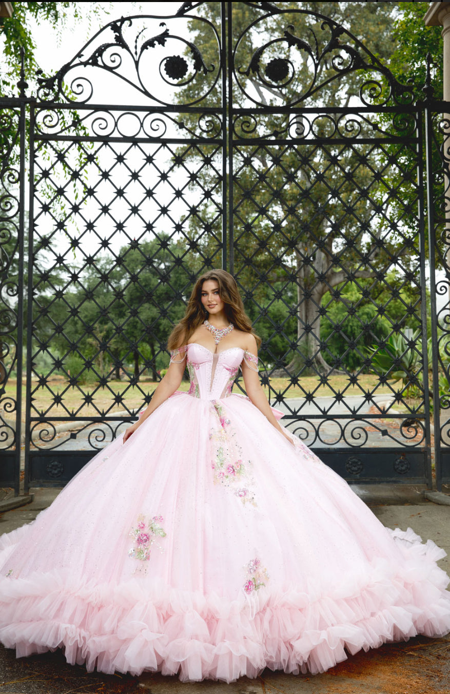 Beautiful Flower Adorn Dress with Ruffle at Hem and Matching Bow. Pq1095 by BELLA COUTURE