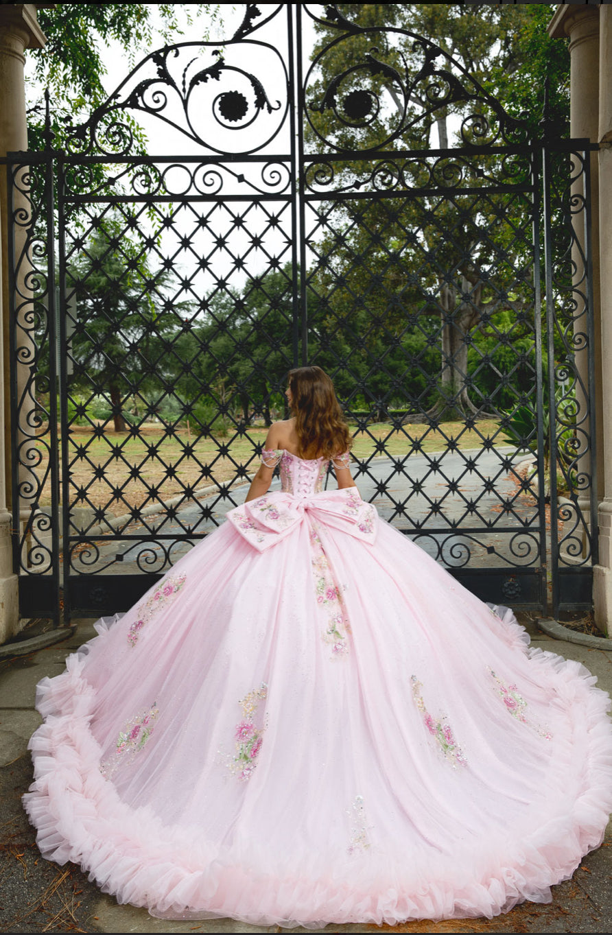 Beautiful Flower Adorn Dress with Ruffle at Hem and Matching Bow. Pq1095 by BELLA COUTURE