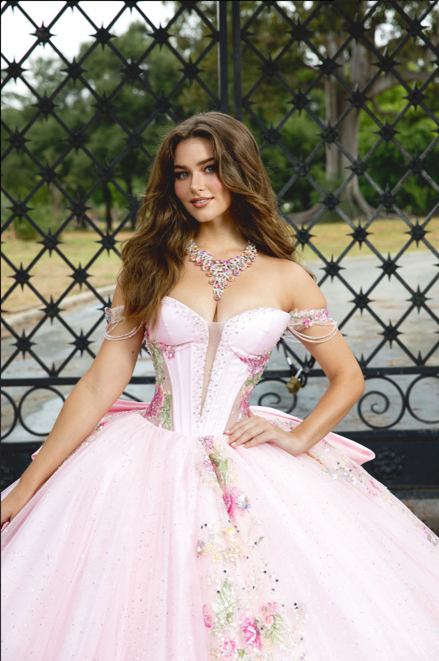 Beautiful Flower Adorn Dress with Ruffle at Hem and Matching Bow. Pq1095 by BELLA COUTURE