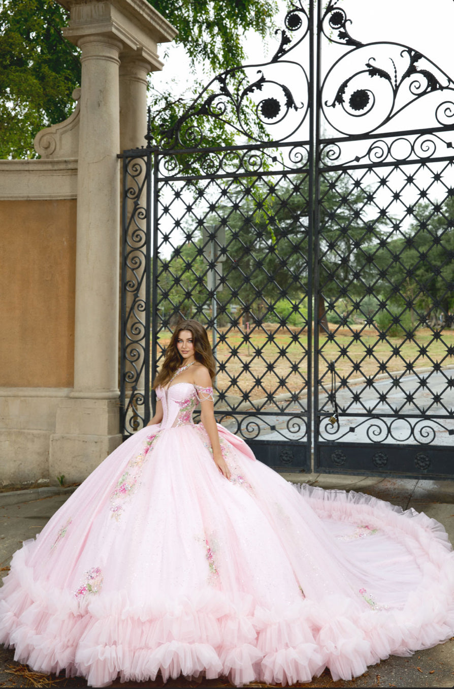 Beautiful Flower Adorn Dress with Ruffle at Hem and Matching Bow. Pq1095 by BELLA COUTURE