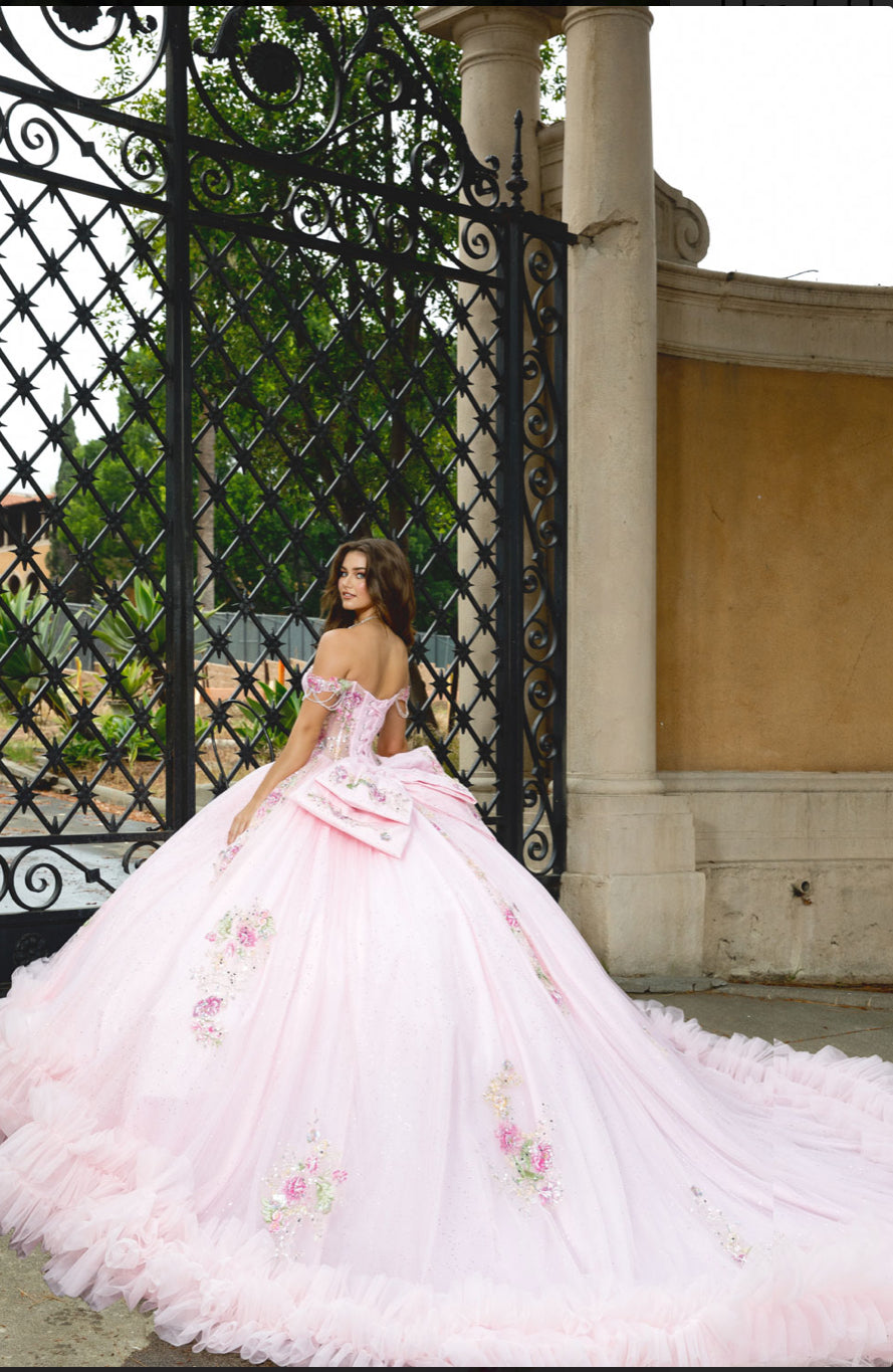 Beautiful Flower Adorn Dress with Ruffle at Hem and Matching Bow. Pq1095 by BELLA COUTURE