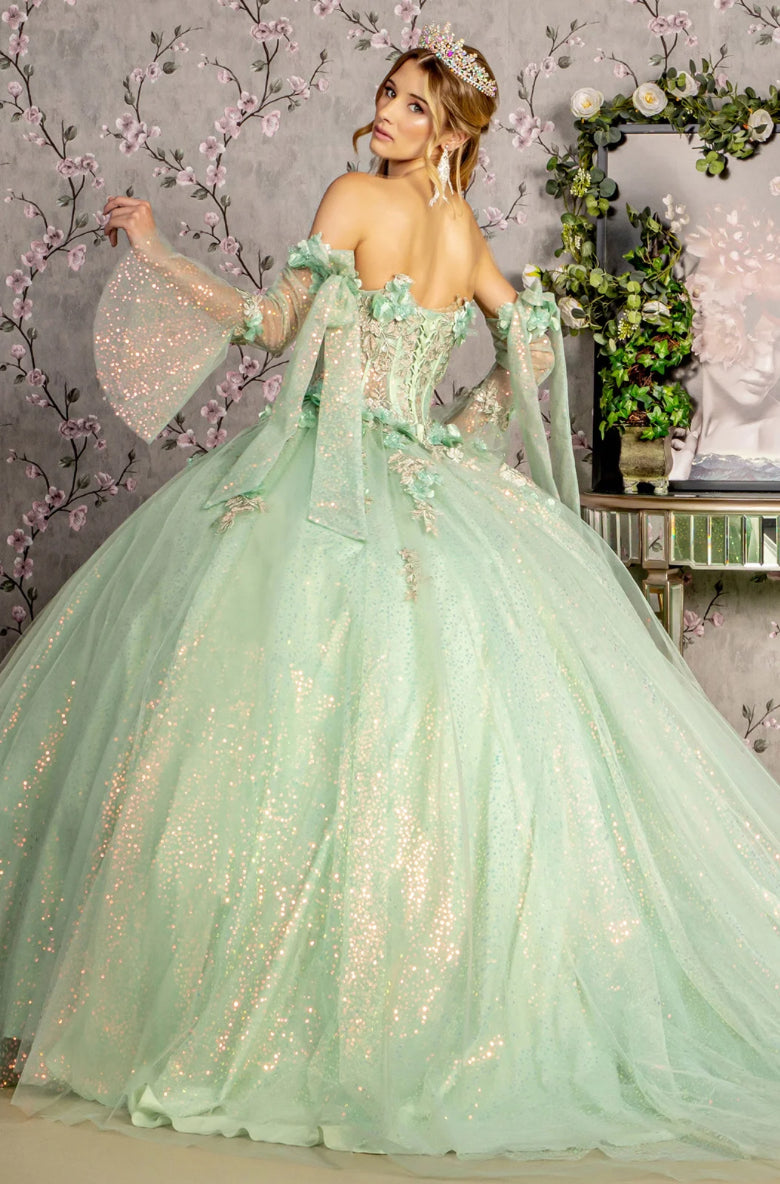 3-D Flower Jewel Sheer Bodice Mesh Ball Gown w/ Long Sleeves. GL3486 GLS BY GLORIA