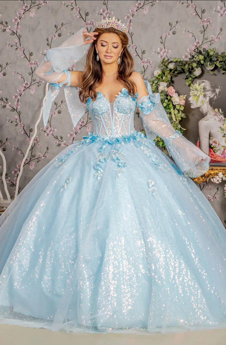 3-D Flower Jewel Sheer Bodice Mesh Ball Gown w/ Long Sleeves. GL3486 GLS BY GLORIA