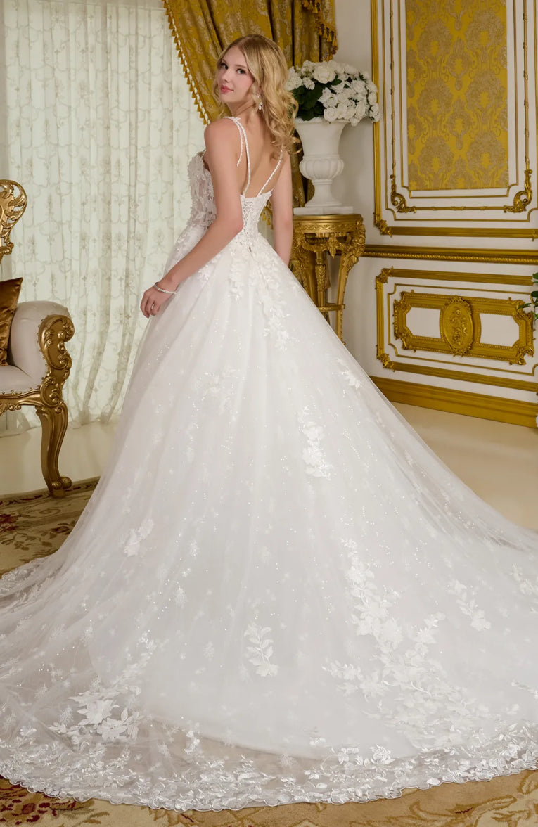 Two beaded spaghetti straps delicately connect to the sweetheart neckline bodice on this A-line wedding gown. GL3660 GLS BY GLORIA