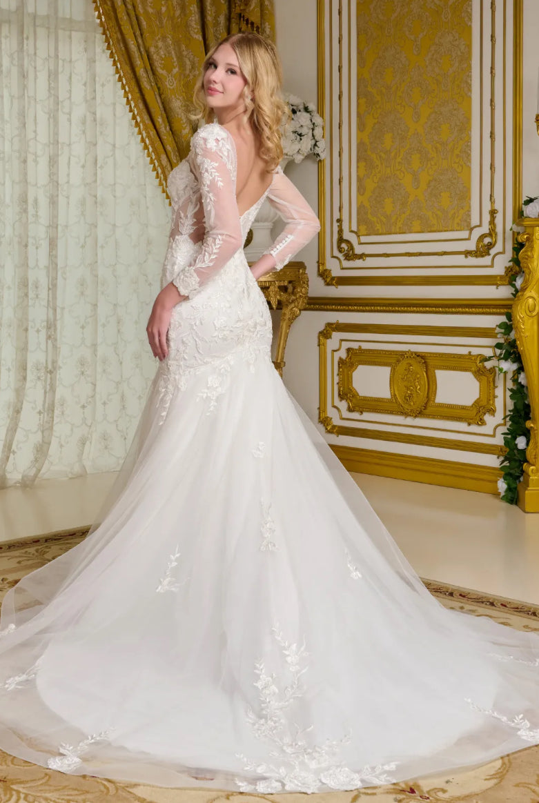 This wedding gown features a wide V-neckline and sheer long sleeves, delicately adorned with beads, embroidery. GL3659 GLS BY GLORIA
