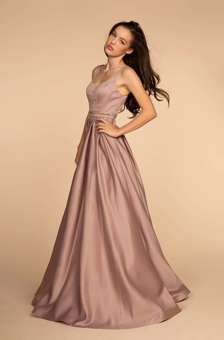Scoop-Neck Satin A-Line Dress with Sheer Back Gorgeous A-line dress. GL2531 GLS BY ELIZABETH K