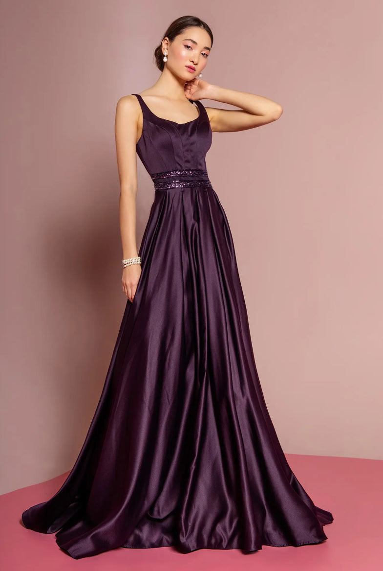 Scoop-Neck Satin A-Line Dress with Sheer Back Gorgeous A-line dress. GL2531 GLS BY ELIZABETH K