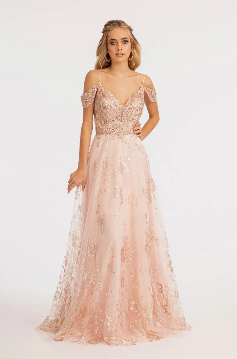 Illusion V-Neck Embroidered Mesh A-line Dress w/ Open V-Back Dial up the glam for your look! GL3070 GLS BY ELIZABETH K