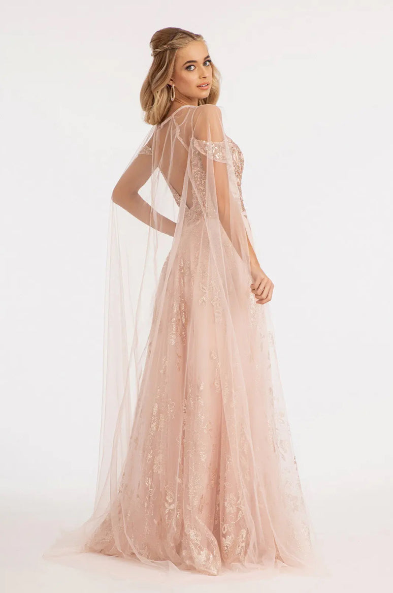 Illusion V-Neck Embroidered Mesh A-line Dress w/ Open V-Back Dial up the glam for your look! GL3070 GLS BY ELIZABETH K