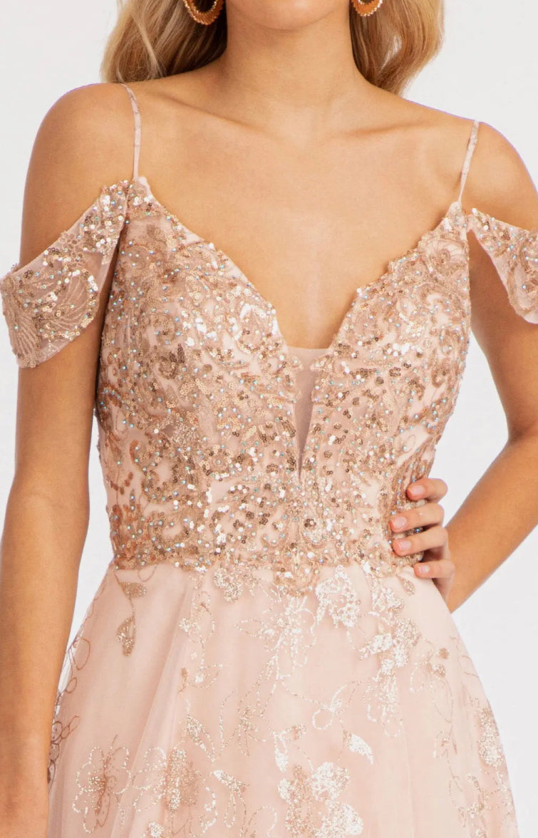 Illusion V-Neck Embroidered Mesh A-line Dress w/ Open V-Back Dial up the glam for your look! GL3070 GLS BY ELIZABETH K