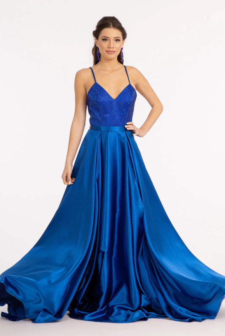 Full Rhinestone Bodice Lace-Up Back Satin Prom Dress w/ Waistband. GL3040 GLS BY GLORIA