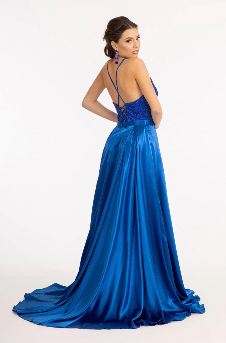 Full Rhinestone Bodice Lace-Up Back Satin Prom Dress w/ Waistband. GL3040 GLS BY GLORIA