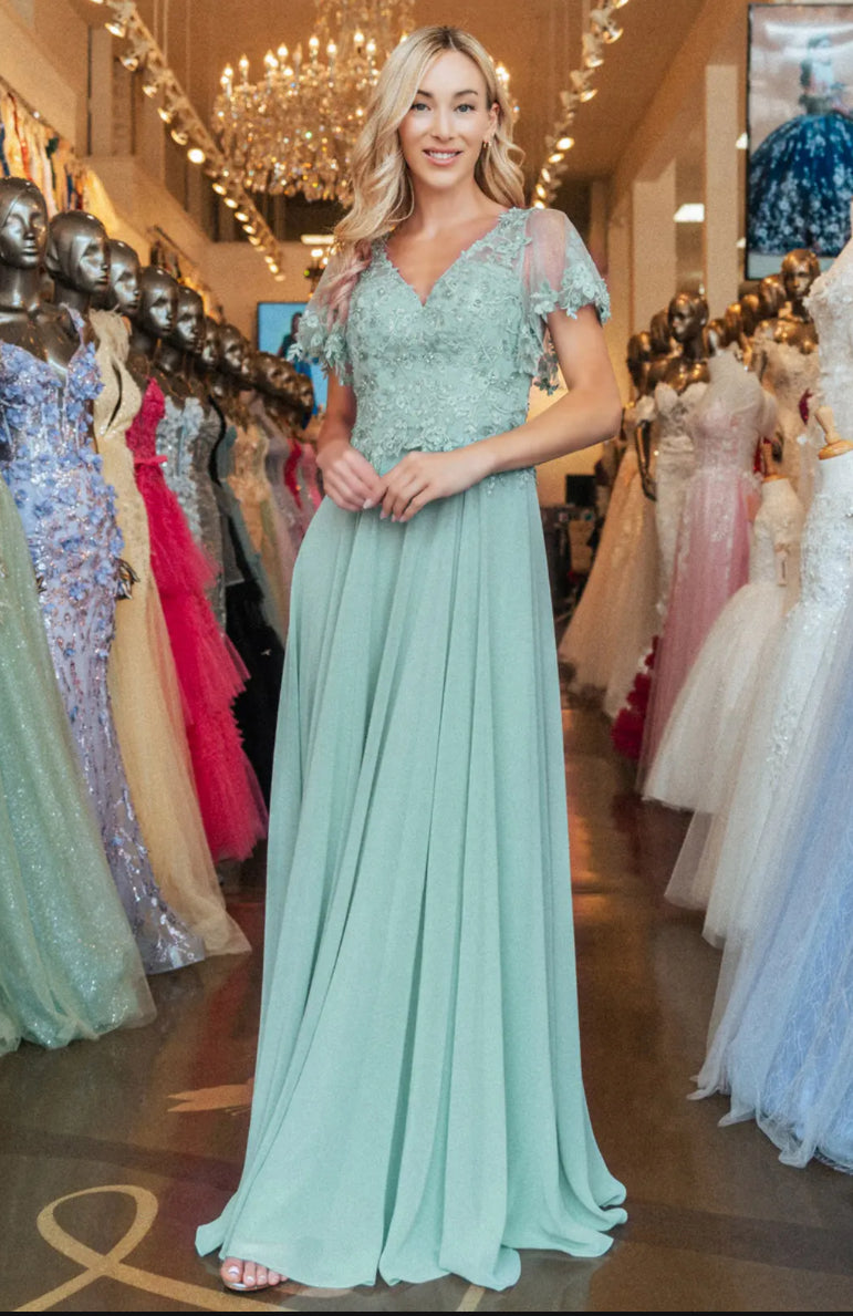3-D Flower Embroidery Chiffon A-line Long Dress w/ Sheer Short Sleeves. Gl3352 GLS BY GLORIA