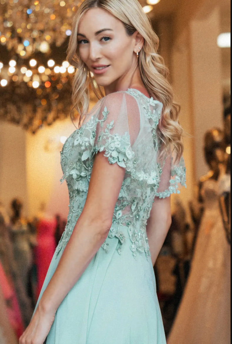 3-D Flower Embroidery Chiffon A-line Long Dress w/ Sheer Short Sleeves. Gl3352 GLS BY GLORIA