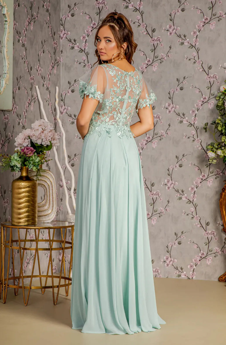 3-D Flower Embroidery Chiffon A-line Long Dress w/ Sheer Short Sleeves. Gl3352 GLS BY GLORIA