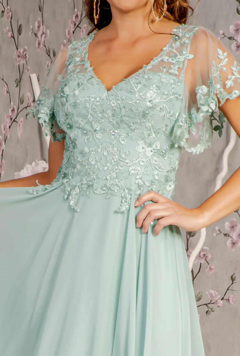 3-D Flower Embroidery Chiffon A-line Long Dress w/ Sheer Short Sleeves. Gl3352 GLS BY GLORIA