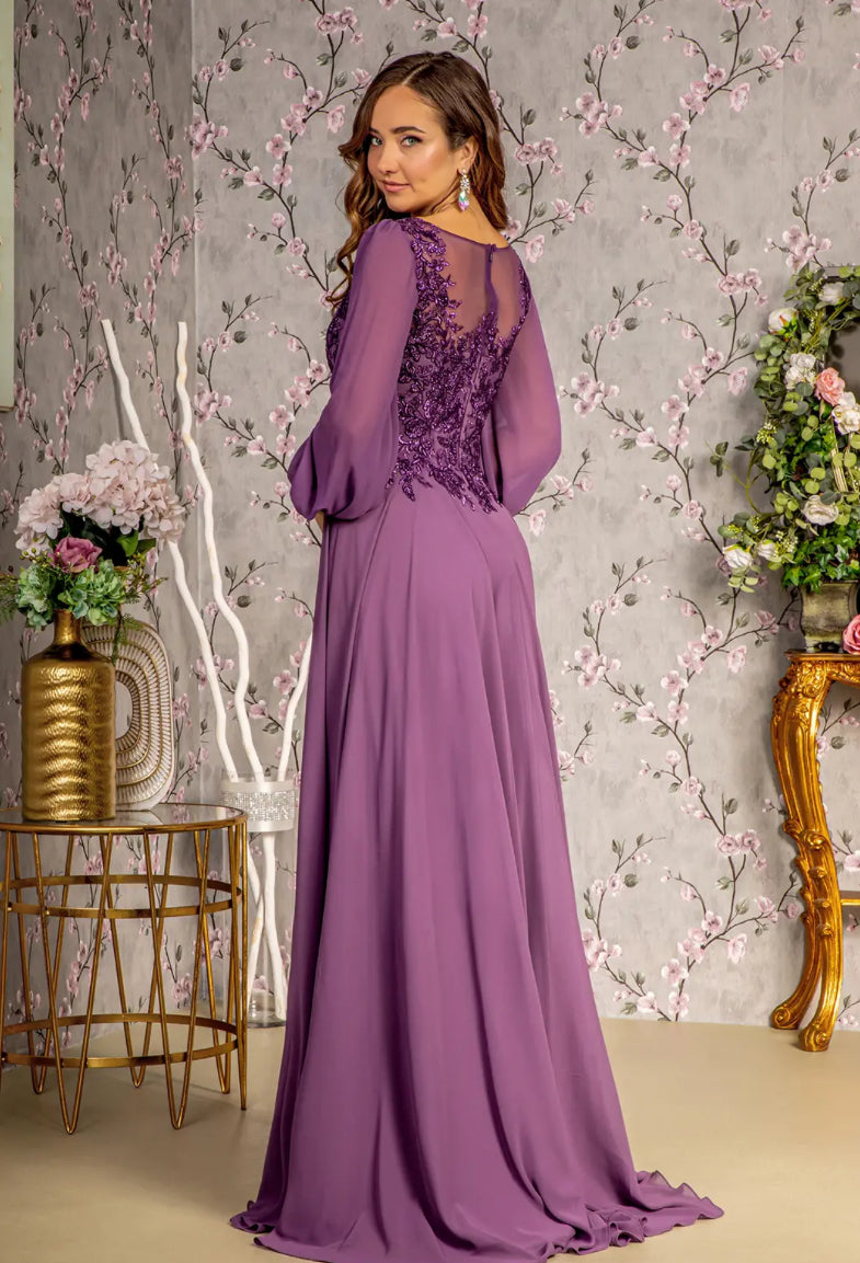 Floral Embroidery Sheer Boat Neckline Chiffon A-line Long Dress. Gl3363 GLS BY GLORIA