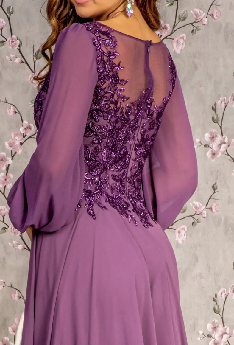 Floral Embroidery Sheer Boat Neckline Chiffon A-line Long Dress. Gl3363 GLS BY GLORIA