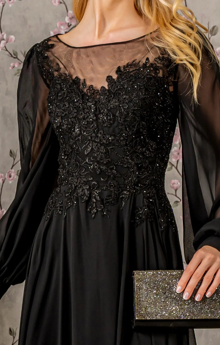Floral Embroidery Sheer Boat Neckline Chiffon A-line Long Dress. Gl3363 GLS BY GLORIA
