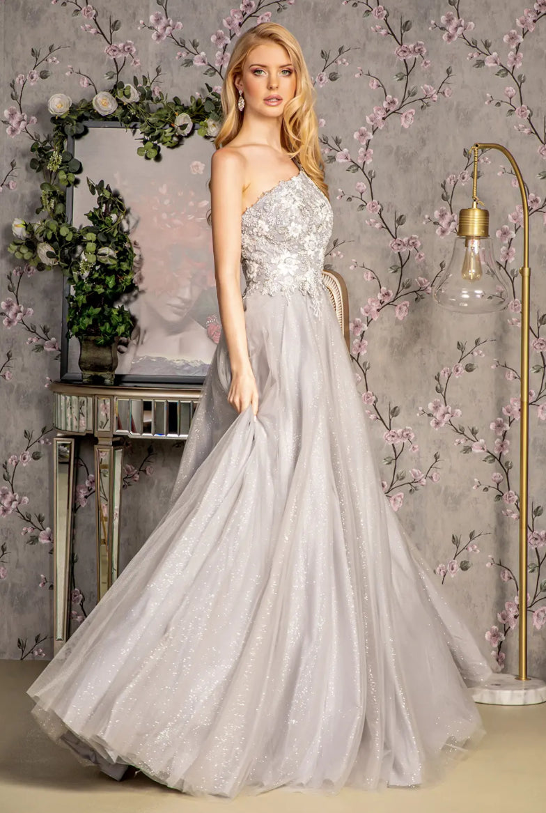 Asymmetric Sequin Mesh Mermaid Long Dress w/ Back Straps. GL3384 GLS BY GLORIA
