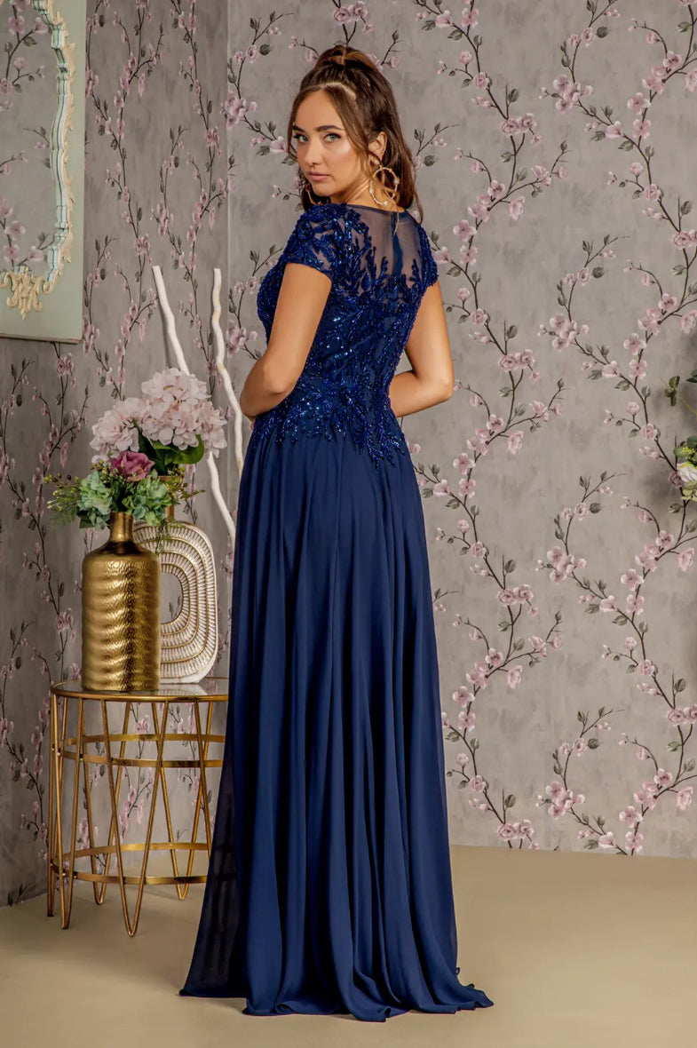 Embroidery Sequin Sheer V-neckline Chiffon A-line Long Dress. GL3450 GLS BY GLORIA