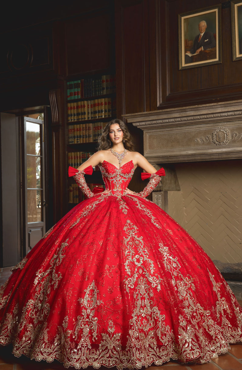 Dazzling Quince: Removable Gloves, Train & Bow. PQ1099 BY BELLA COUTURE