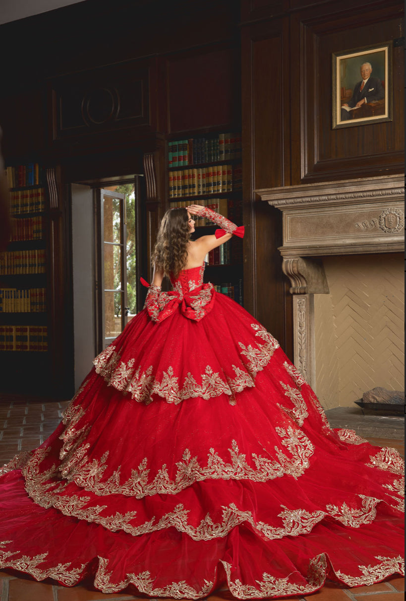 Dazzling Quince: Removable Gloves, Train & Bow. PQ1099 BY BELLA COUTURE