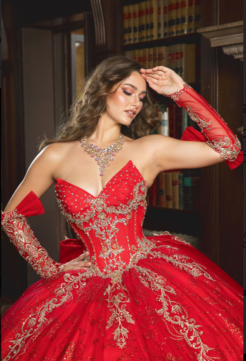 Dazzling Quince: Removable Gloves, Train & Bow. PQ1099 BY BELLA COUTURE