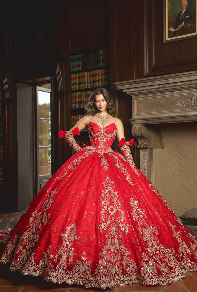 Dazzling Quince: Removable Gloves, Train & Bow. PQ1099 BY BELLA COUTURE