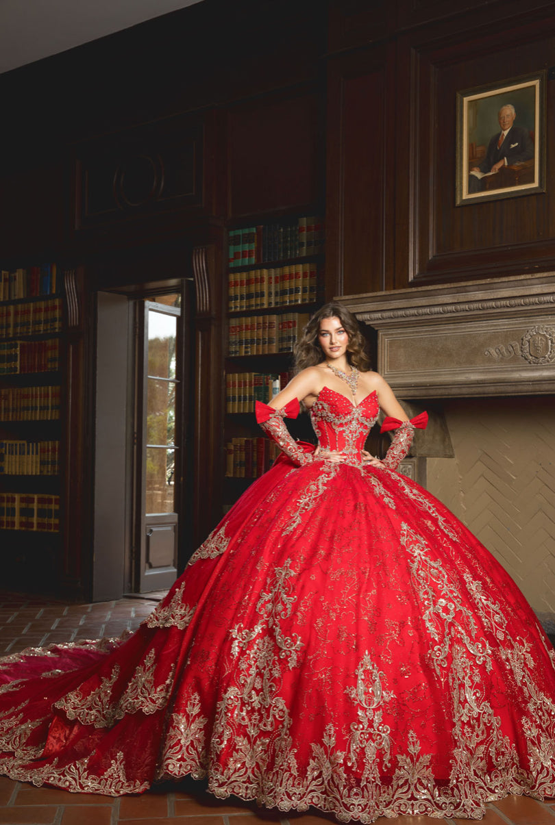 Dazzling Quince: Removable Gloves, Train & Bow. PQ1099 BY BELLA COUTURE