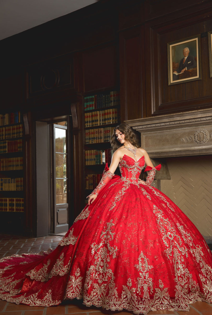 Dazzling Quince: Removable Gloves, Train & Bow. PQ1099 BY BELLA COUTURE