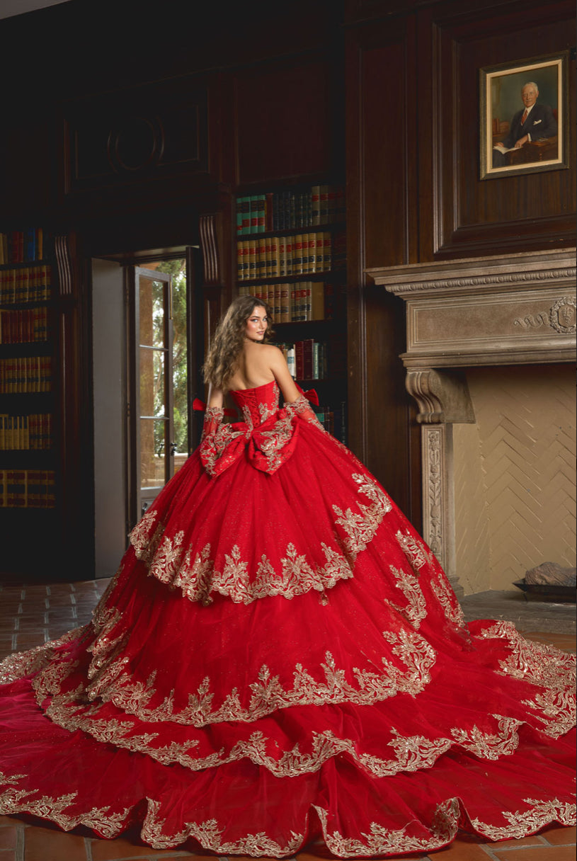 Dazzling Quince: Removable Gloves, Train & Bow. PQ1099 BY BELLA COUTURE