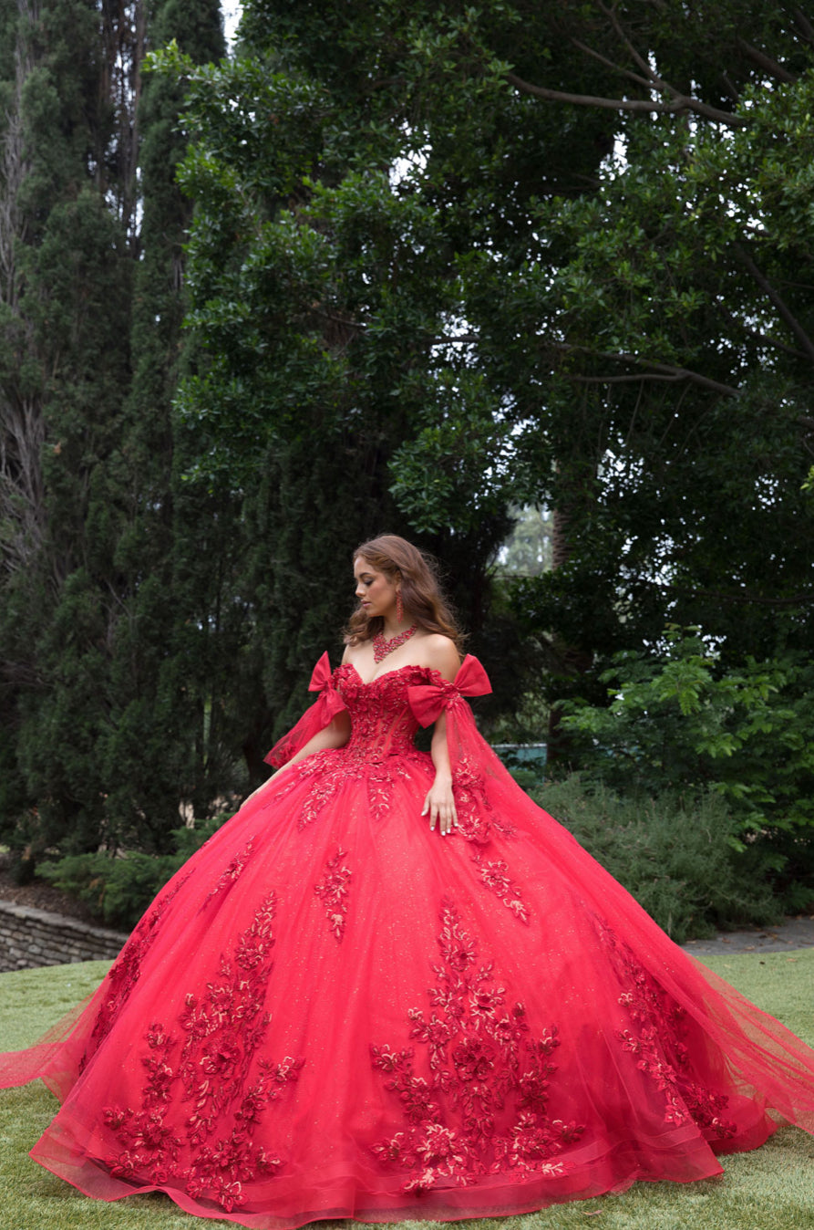 Red Quince Dress with Drape. PQ1098 BY BELLA COUTURE