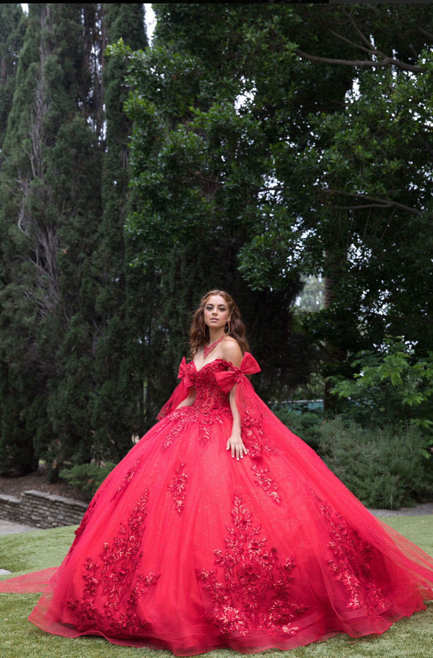 Red Quince Dress with Drape. PQ1098 BY BELLA COUTURE