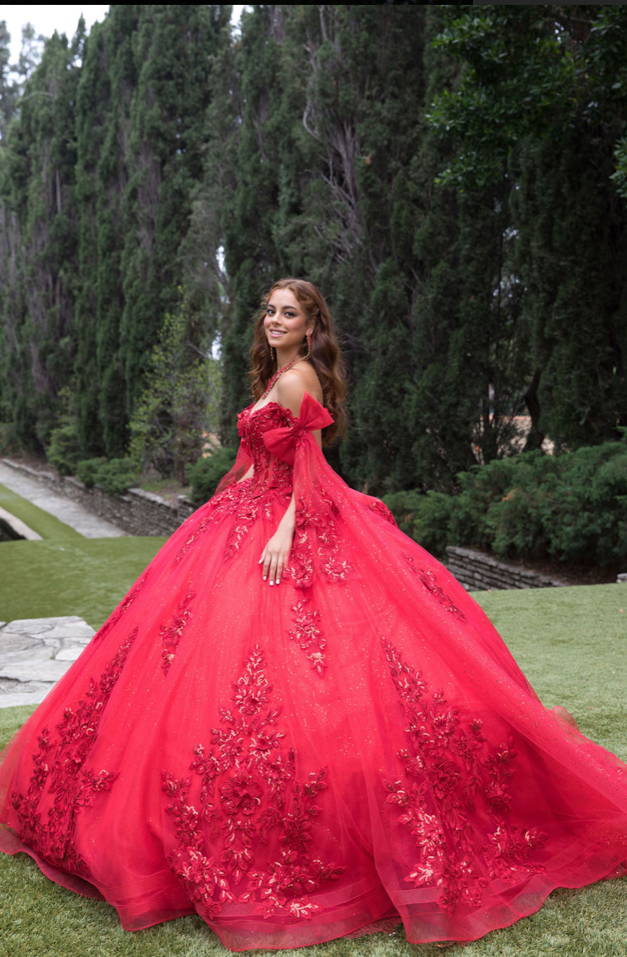 Red Quince Dress with Drape. PQ1098 BY BELLA COUTURE