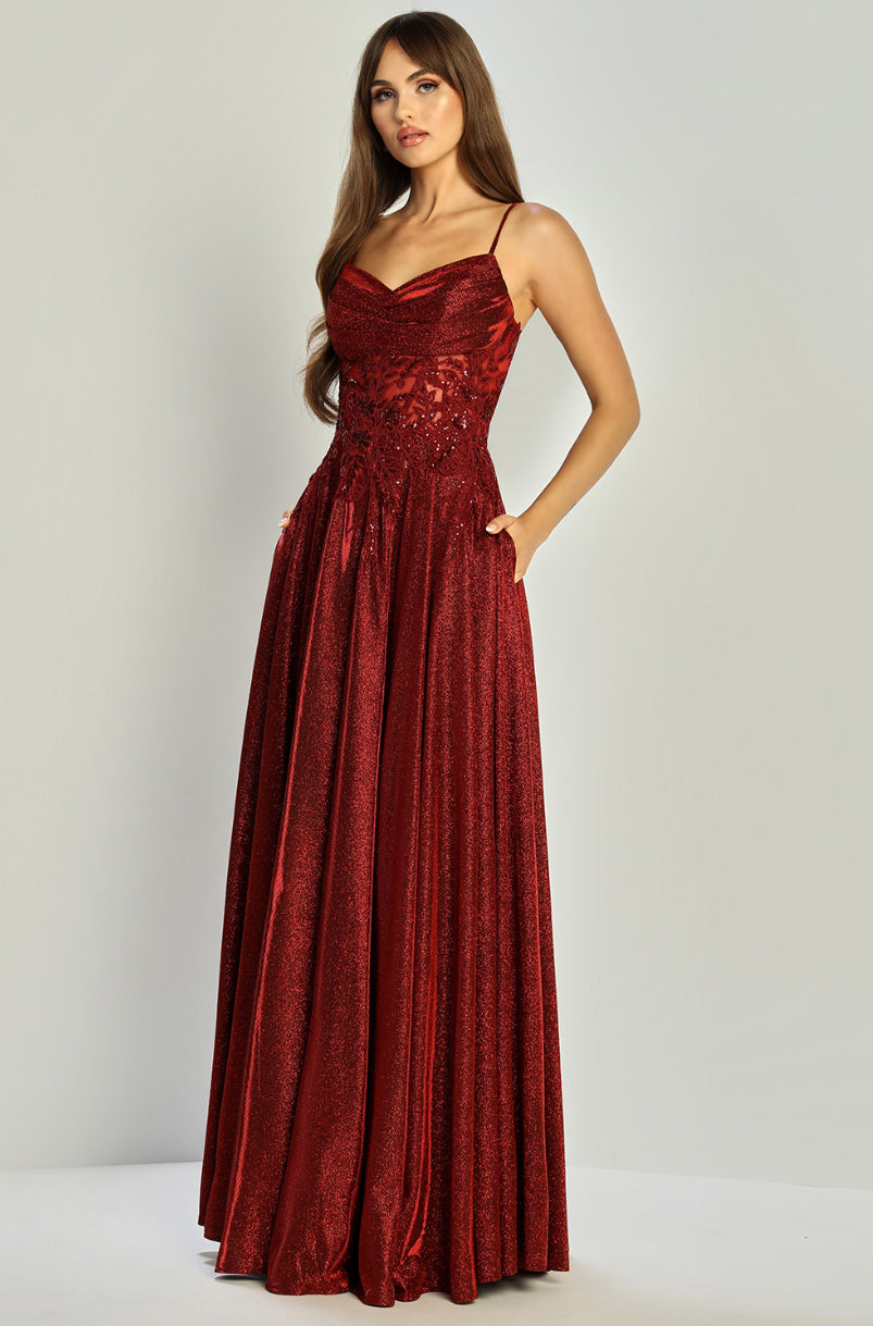 Beautiful sparkly dress with open corset at back. elegant touch of pocket in the skirt. 3232 by ADORA DESIGN