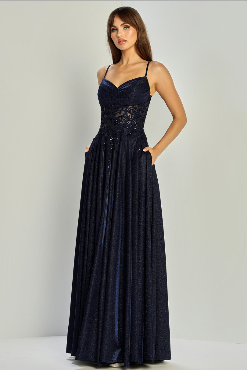 Beautiful sparkly dress with open corset at back. elegant touch of pocket in the skirt. 3232 by ADORA DESIGN