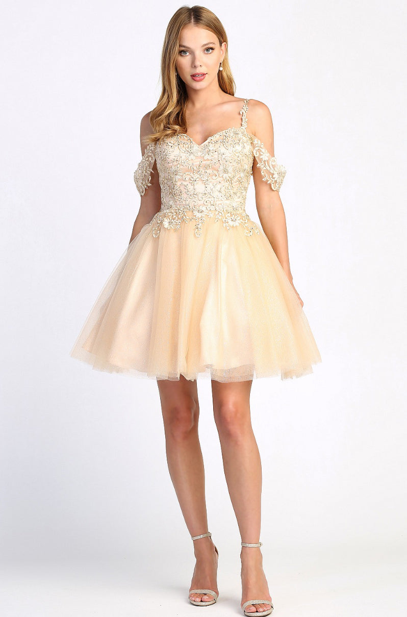 Beaded stones with a Corset, Off the Shoulder, A-Line Short Dress. 1006 BY ADORA DESIGN