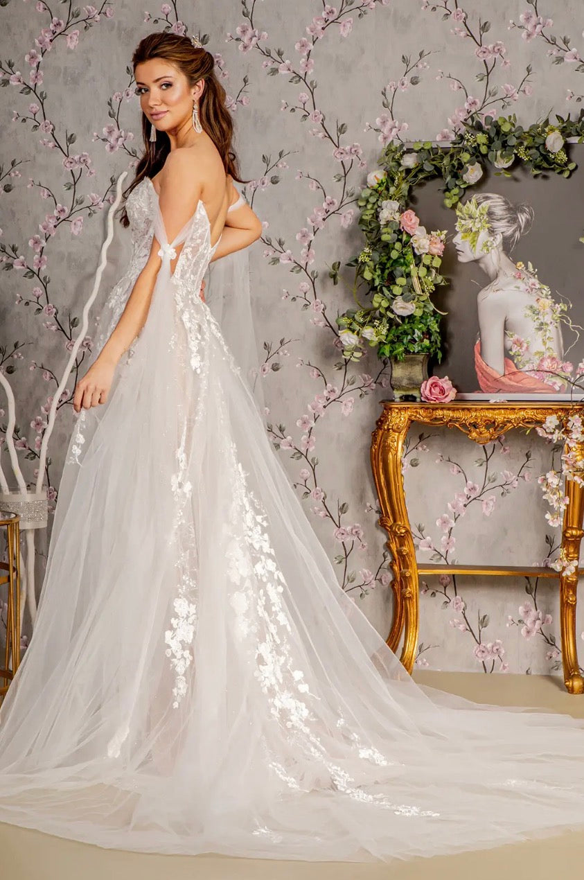Floral Embroidery Mesh A-line Wedding Gown w/ Long Side Drapes. Gl3428 GLS BY GLORIA