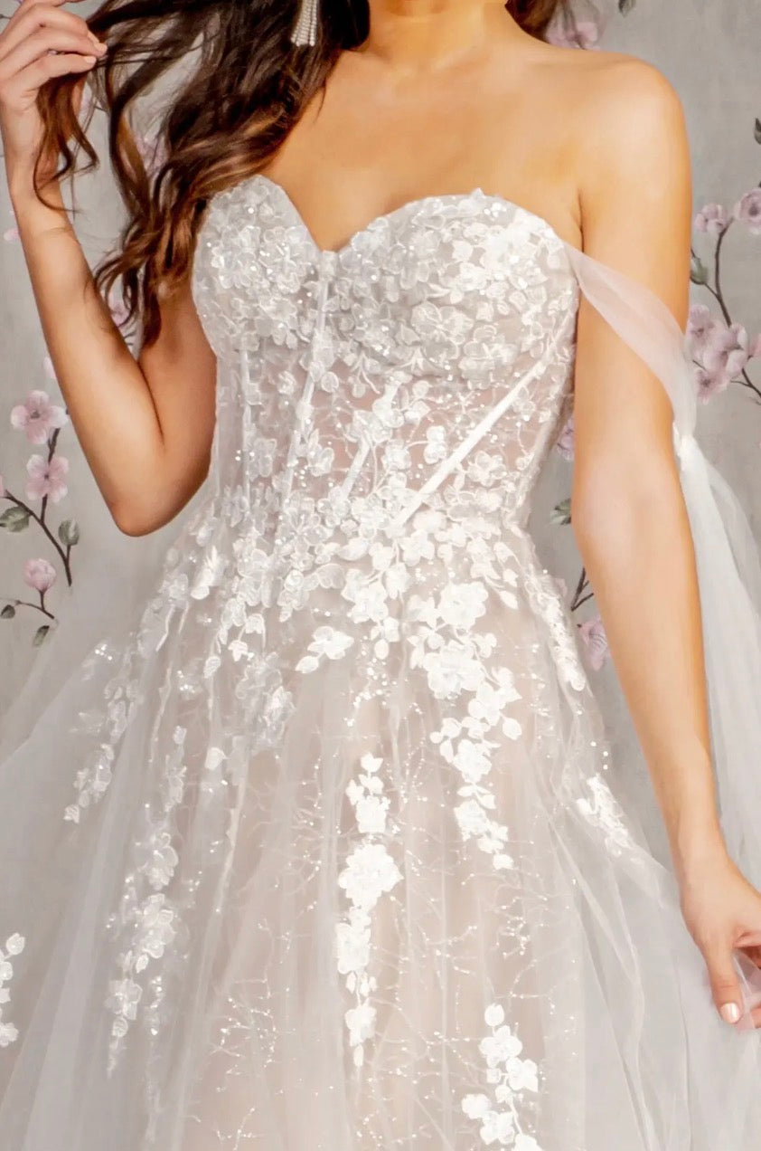 Floral Embroidery Mesh A-line Wedding Gown w/ Long Side Drapes. Gl3428 GLS BY GLORIA