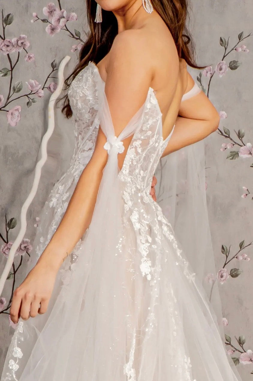 Floral Embroidery Mesh A-line Wedding Gown w/ Long Side Drapes. Gl3428 GLS BY GLORIA