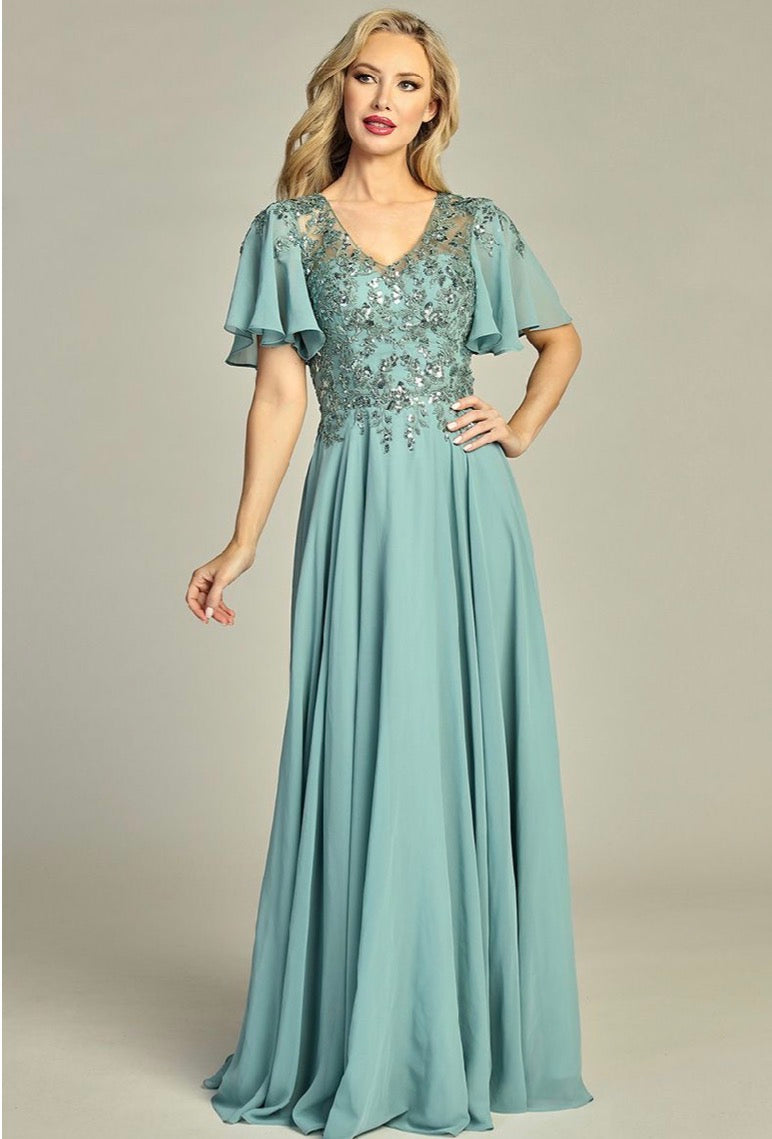 3-D Flower Embroidery Chiffon A-line Long Dress w/ chiffon Short Sleeves. 7962K by LET´S CORP