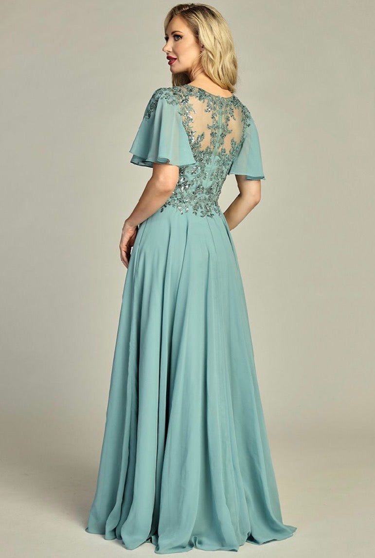 3-D Flower Embroidery Chiffon A-line Long Dress w/ chiffon Short Sleeves. 7962K by LET´S CORP