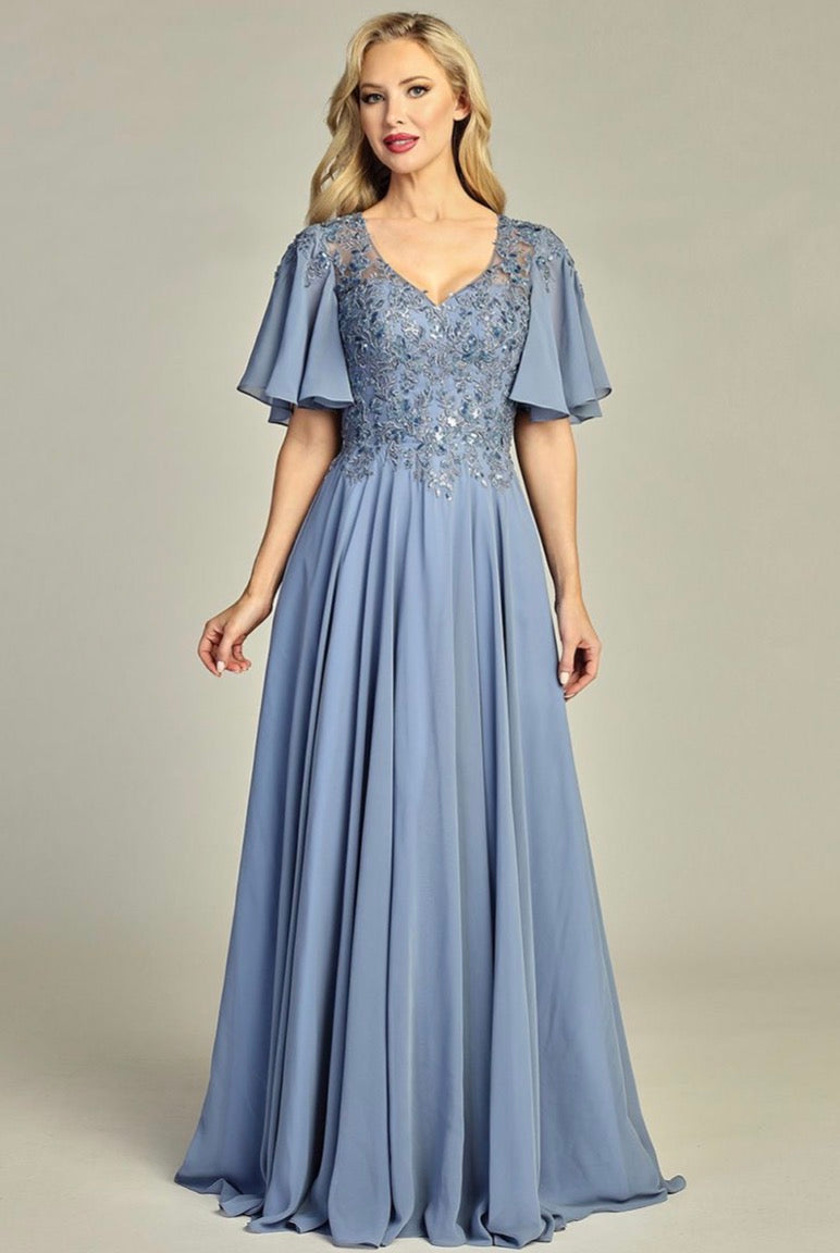 3-D Flower Embroidery Chiffon A-line Long Dress w/ chiffon Short Sleeves. 7962K by LET´S CORP