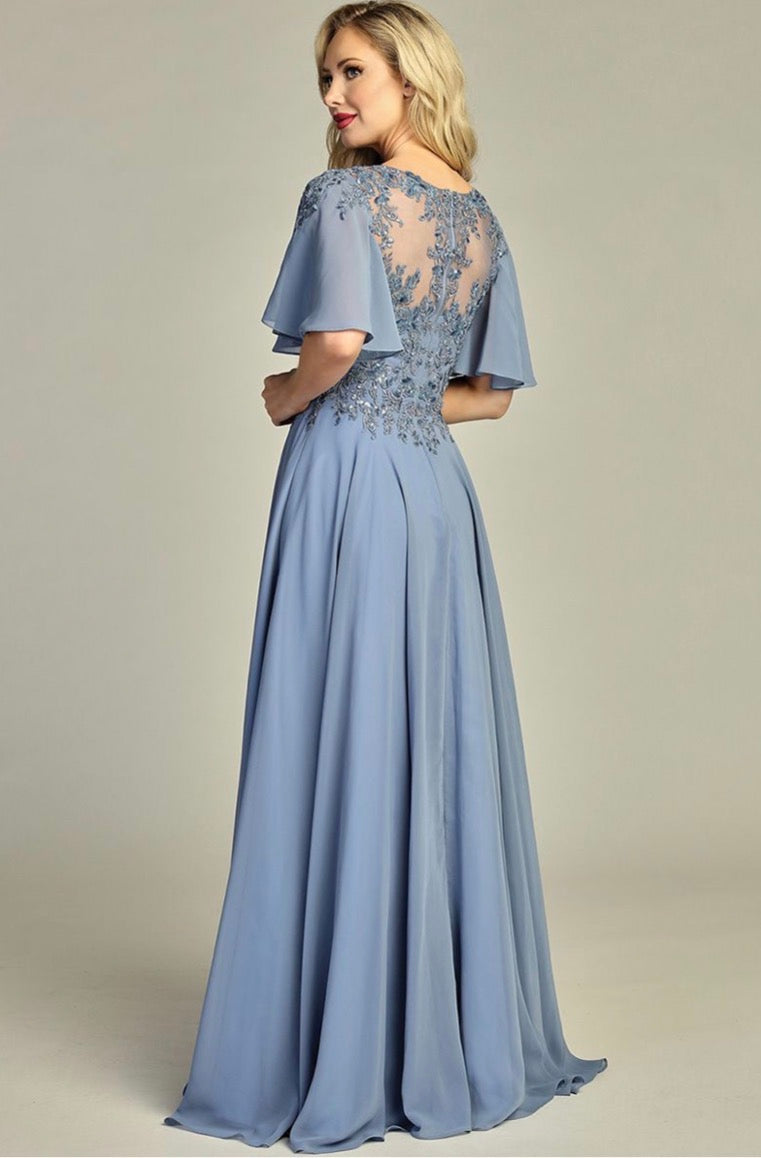 3-D Flower Embroidery Chiffon A-line Long Dress w/ chiffon Short Sleeves. 7962K by LET´S CORP