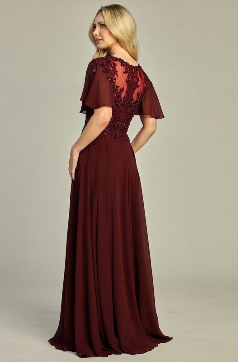 3-D Flower Embroidery Chiffon A-line Long Dress w/ chiffon Short Sleeves. 7962K by LET´S CORP