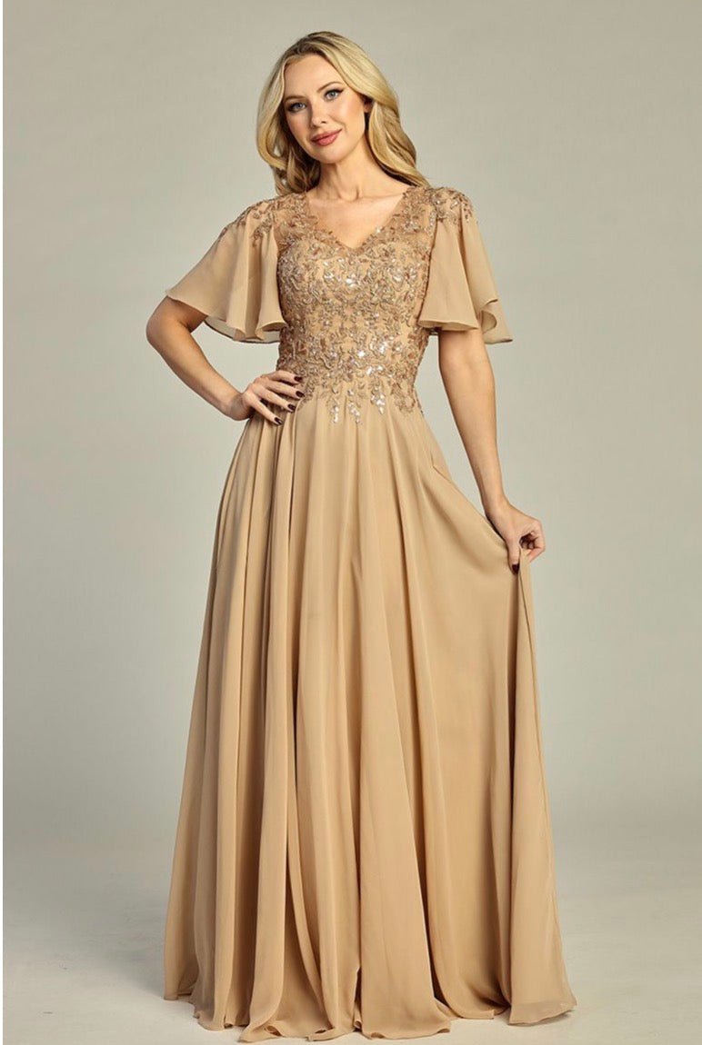 3-D Flower Embroidery Chiffon A-line Long Dress w/ chiffon Short Sleeves. 7962K by LET´S CORP