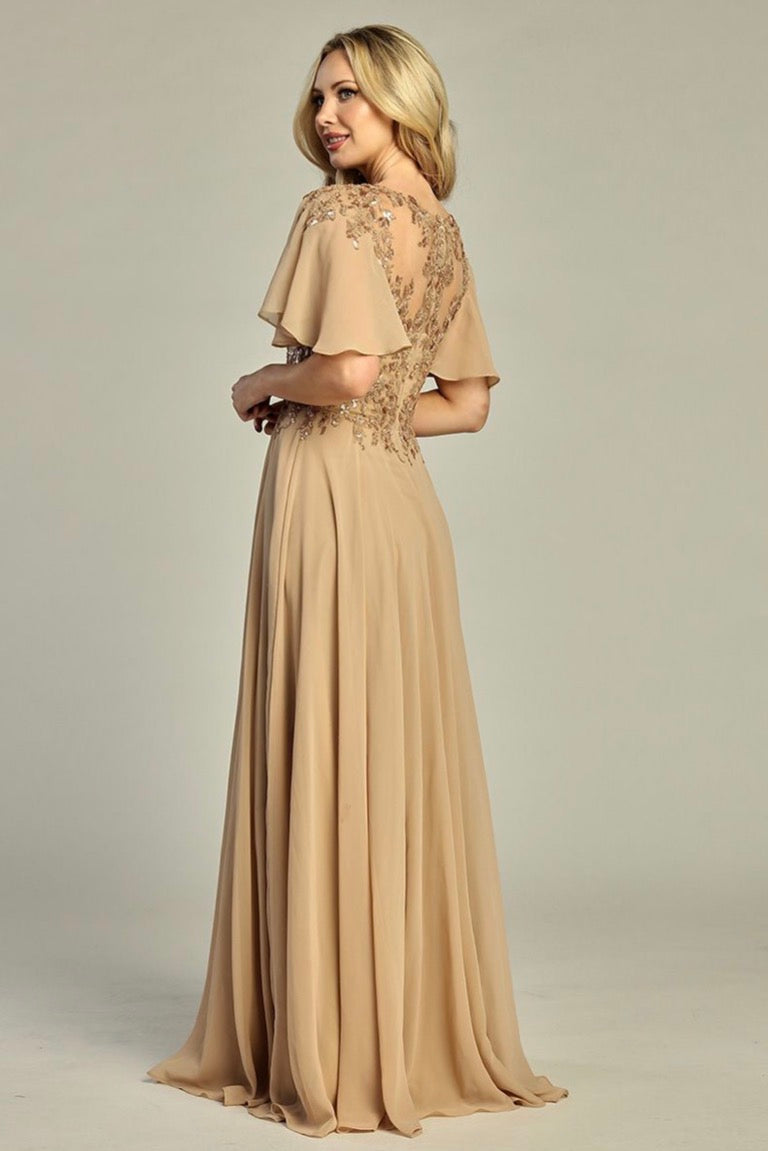 3-D Flower Embroidery Chiffon A-line Long Dress w/ chiffon Short Sleeves. 7962K by LET´S CORP