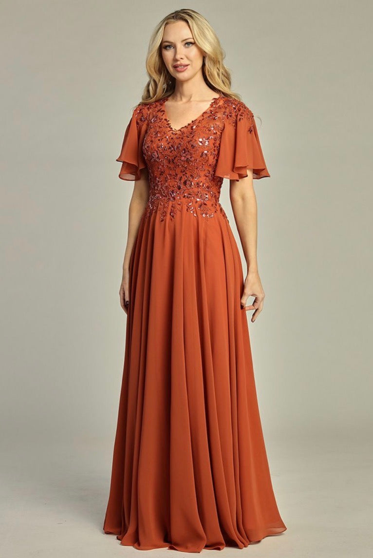 3-D Flower Embroidery Chiffon A-line Long Dress w/ chiffon Short Sleeves. 7962K by LET´S CORP